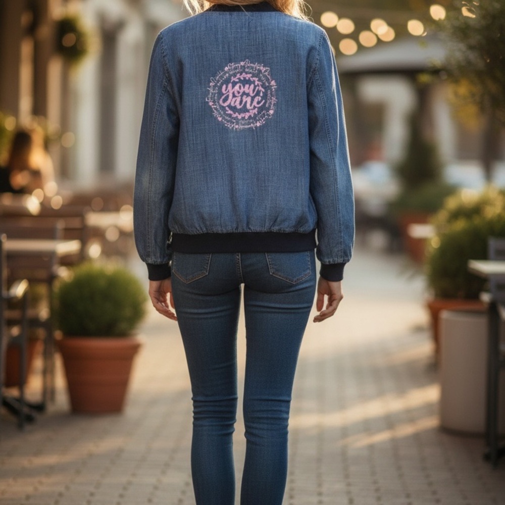 Upcycled New York & Company Denim Bomber Jacket w/ Hand Painted Design